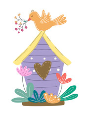 Birdhouse designed in pastel tones, vintage doodle style, perfect for cards, posters, digitally printed garments, fabrics, spring themed decorations and more.