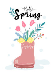 Rain boots and bouquets designed in vintage doodle style. Perfect for cards, posters, clothing, digital prints, fabric patterns, spring decorations, t-shirt designs, and more.