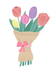 Tulip bouquet designed in pastel tones, vintage doodle style. Perfect for cards, posters, clothing, digital prints, fabric patterns, spring decorations, t-shirt designs and more.