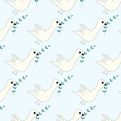 White dove of peace flying with branch. Seamless pattern on blue background  Line art.  Vector illustration for Earth Day and World Environment Day.