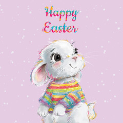 Easter card with a bunny. Happy, colorful graphics template to use for Easter. Banner, poster, mockup with Easter theme.