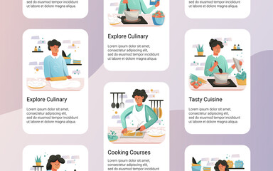 Set of cards with people preparing food. Vector cartoon illustration of men and women cooking dishes.