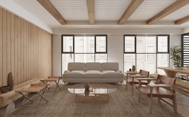 Interior living room contemporary style,gray sofa wooden wall and floor and day light from window. 3D illustration