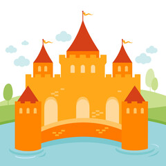 Obraz na płótnie Canvas Castle in the water in a beautiful landscape with trees. Vector illustration