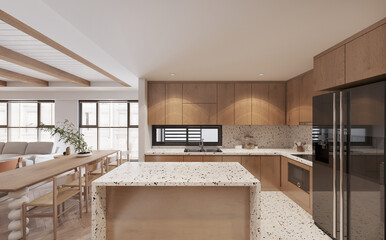 Contemporary kitchen interior with dining table and chairs.3D illustration