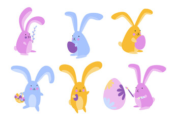 Set of colourful Easter bunnies with Easter eggs. Funny cartoon rabbits painting eggs. Cute Easter stickers. 