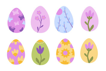Easter eggs with floral and butterfly patterns. Spring holiday concept for design and print. Vector flat illustration of Easter decoration. 