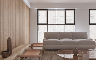 Interior living room contemporary style,gray sofa wooden wall and floor and day light from window. 3D illustration