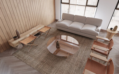 Interior living room contemporary style,gray sofa wooden wall and floor and day light from window. 3D illustration