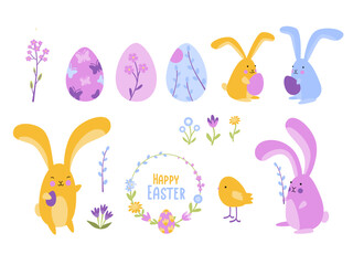 Set of colourful Easter bunnies with Easter eggs and chicken. Cute Easter stickers. Spring flowers and elements. 
