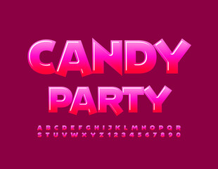 Vector creative Poster Candy Party. Bright Glossy Font. Playful Alphabet Letters and Numbers set