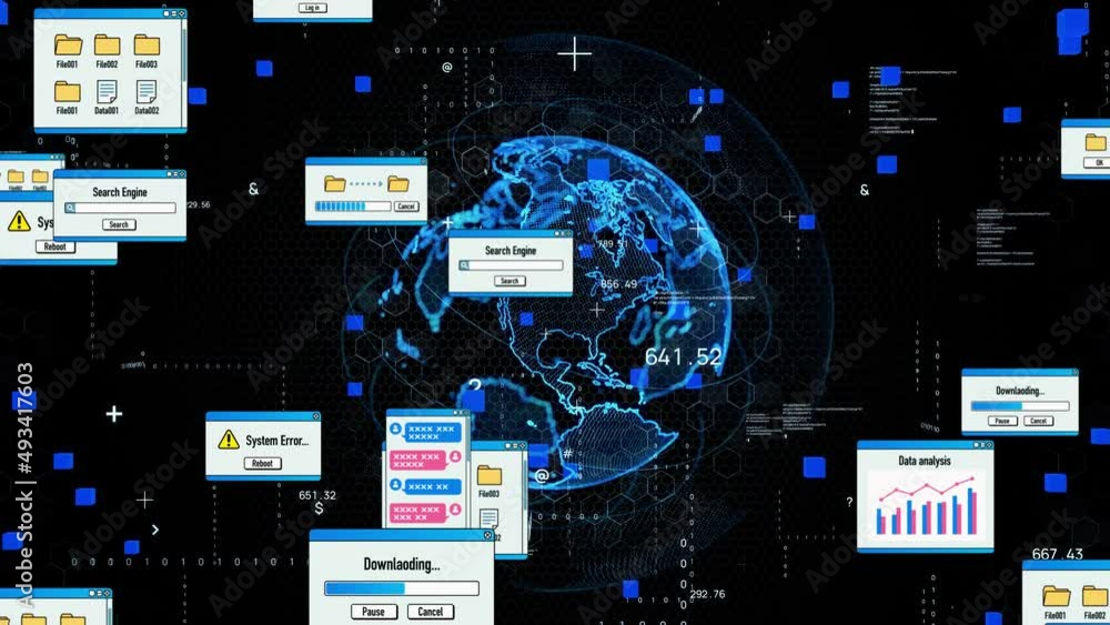 Poster digital documents and global communication network concept.