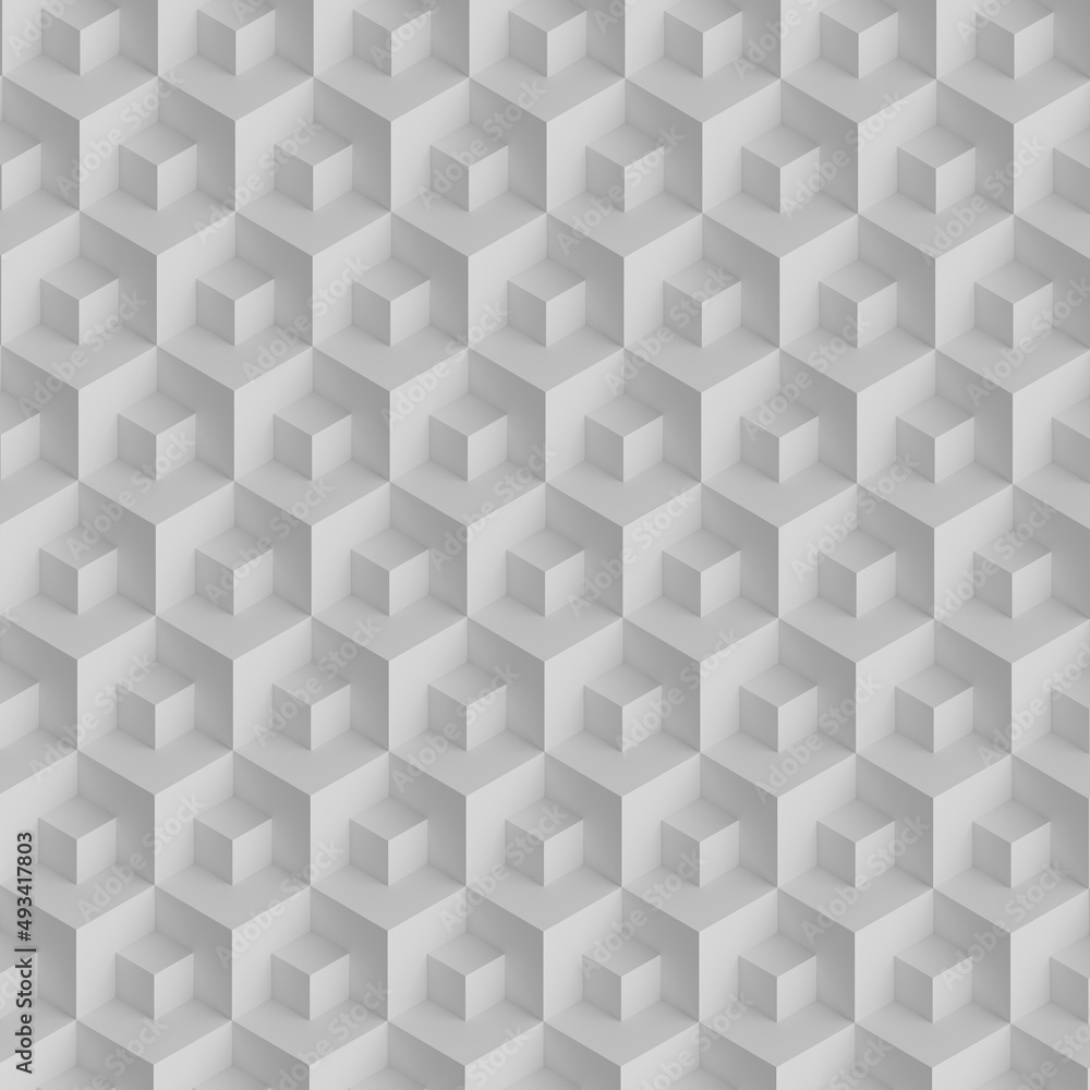 Poster abstract design with reteating pattern of overlaying white cubes. 3d illustration (rendering). isome