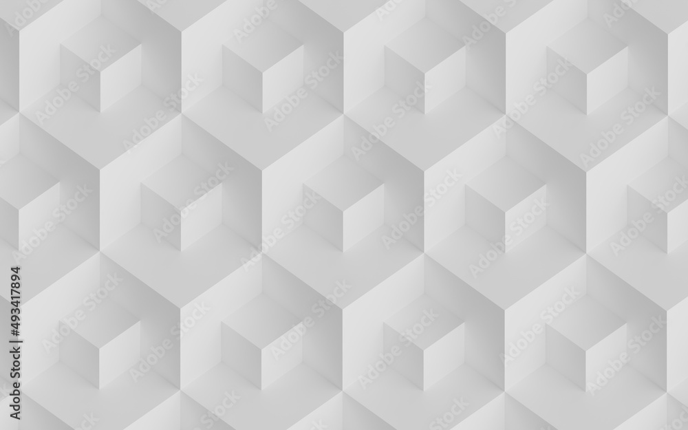 Poster abstract design with reteating pattern of overlaying white cubes. 3d illustration (rendering). isome