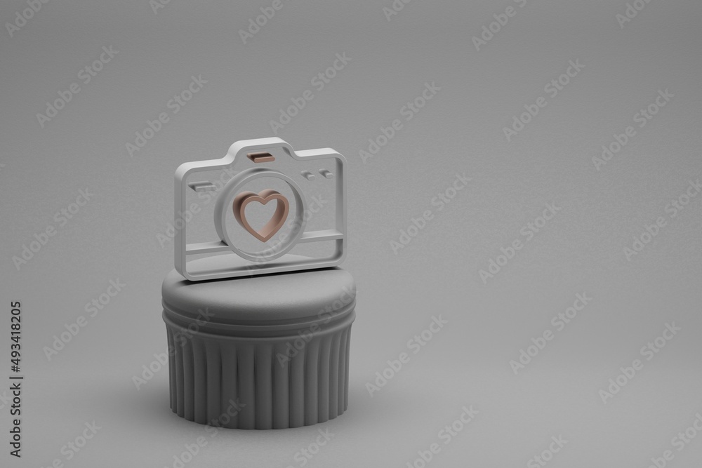 Aufkleber Wonderful Digital Camera with heart symbol icons on a column stand and beton  background. 3d rendering illustration. Background pattern for design. Wedding day..