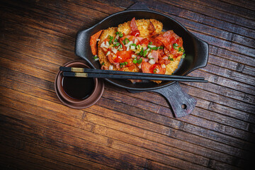 Meat stew with baked potatoes- hunter style. Fastfood- restaurant concept