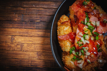 Meat stew with baked potatoes- hunter style. Fastfood- restaurant concept