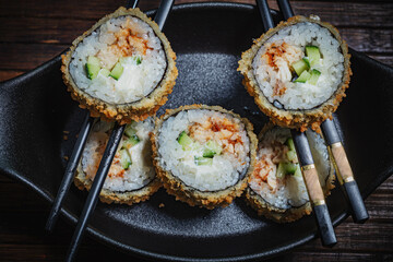 Sushi- delicious asian. Fast food. Hashtag- restaurant concept