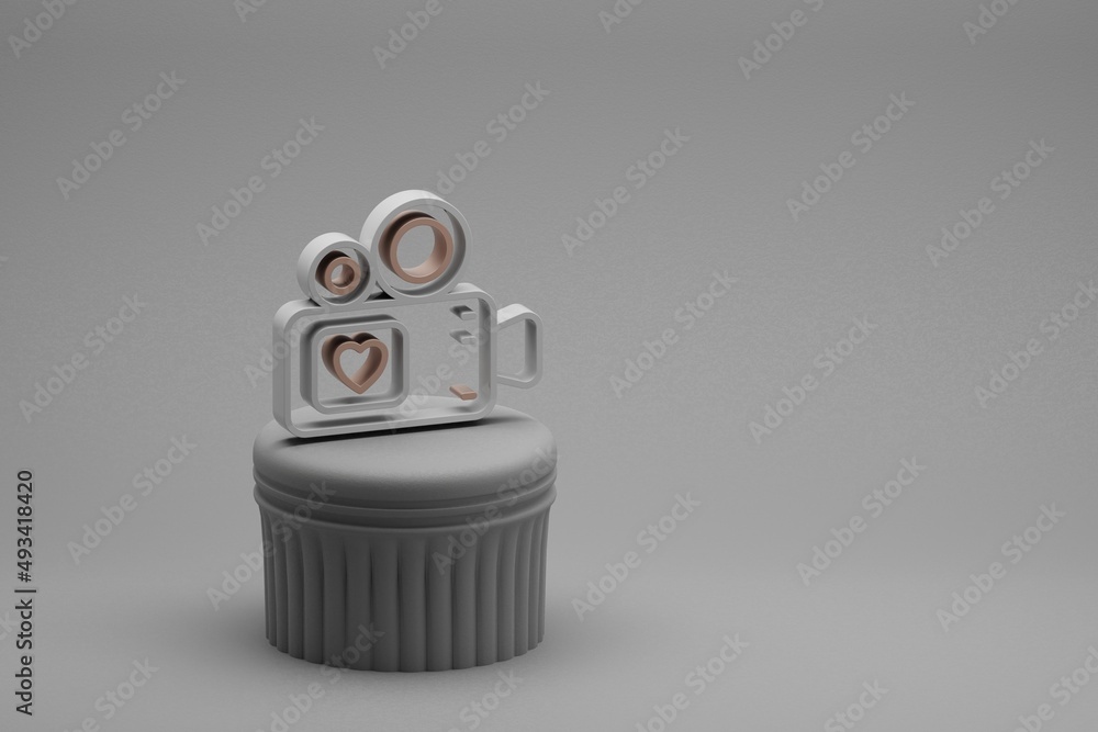 Poster wonderful video camera with heart symbol icons on a column stand and beton background. 3d rendering 