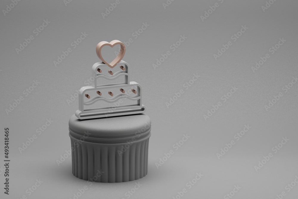 Poster wonderful wedding cake with heart symbol icons on a column stand and beton background. 3d rendering 