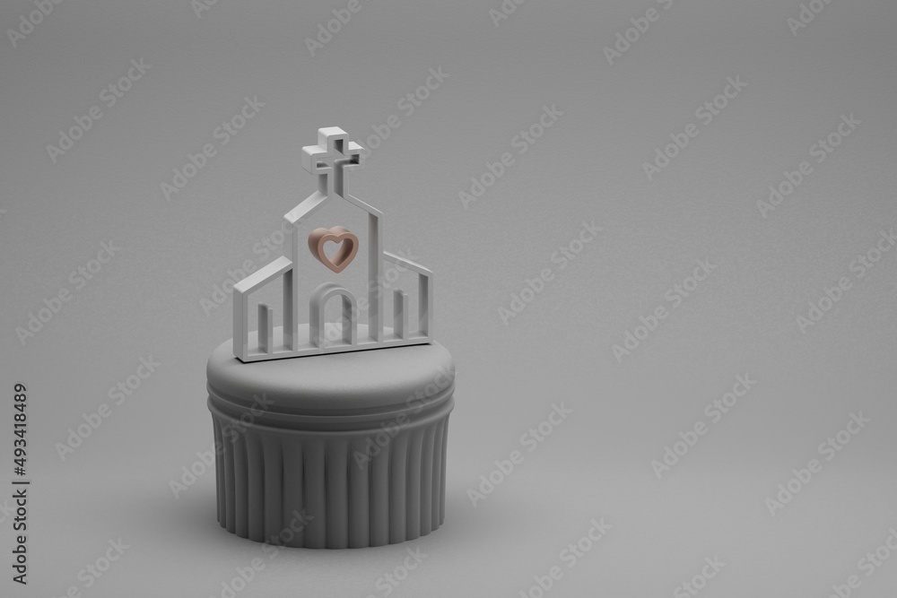 Poster wonderful wedding church with heart symbol icons on a column stand and beton background. 3d renderin