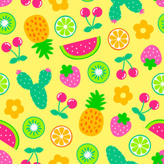Cute hand drawn tropical fruit and cactus seamless pattern for summer holidays background.
