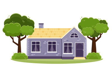 Obraz na płótnie Canvas Cute cottage house with green trees. Flat style vector illustration isolated on white background. Summer country house facade. Brick house exterior with big windows and chimney. Front view.