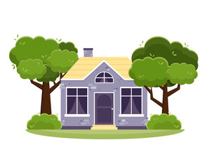 Cute small house with green trees. Flat style vector illustration isolated on white background. Summer country house facade. Brick house exterior with big windows and chimney. Front view.