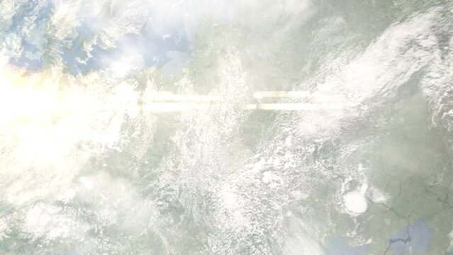 Earth zoom in from outer space to city. Zooming on Brest, Belarus. The animation continues by zoom out through clouds and atmosphere into space. Images from NASA