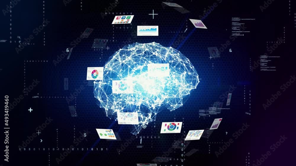 Poster ai (artificial intelligence) concept. digital documents and communication network.