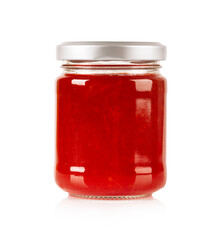 Glass jar with strawberry isolated on white background.