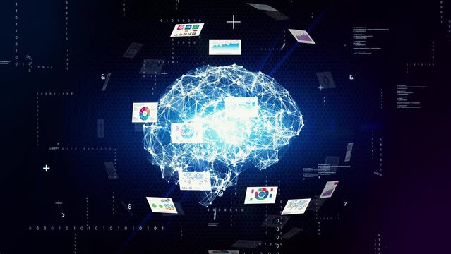 AI (Artificial Intelligence) concept. Digital documents and communication network.