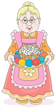 Happy granny with a traditional holiday cake and colorfully painted Easter eggs for a festive table, vector cartoon illustration isolated on a white background