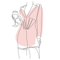 One Line Zeichnung Frau im Kleid mit Weinglas in der Hand.