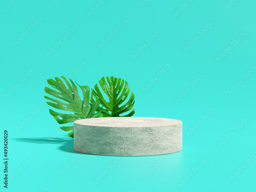 Poster 3d rendering of round stone podium and plant for product presentation.