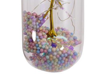Golden glowing rose in a flask. Laconic execution and a flower under a transparent dome. Colored balls in transparent glass on a white background, creative.