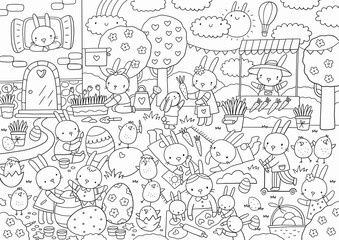 Happy Easter. Cute cartoon coloring page. Big vector coloring poster with bunny, eggs, birds. Printable worksheets