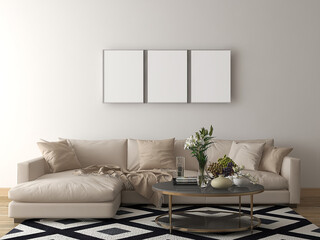 Mockup frame in living room with 3 frames and beige sofa.3d illustration. 3d rendering