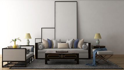 Mockup frame in living room with 2 big frames and gray sofa set. 3d illustration. 3d rendering