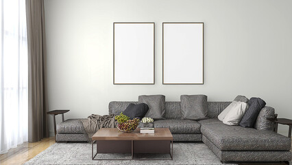 Mockup frame in living room with 2 frames and gray leather sofa. 3d illustration. 3d rendering