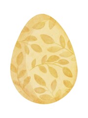Hand Drawing Watercolor cute Easter Egg. Yellow color with leaves. Use for poster, card, celebration, festival, textile, pattern, fabric, packaging