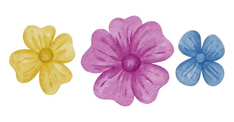 Hand Drawing Watercolor set of colorful Flowers. Stylized Yellow, Blue and Violet Flowers. Use for poster, card, design, print, stickers, pattern, fabric, packaging