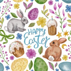 Hand Drawing Watercolor Easter seamless pattern isolated on white background. Happy Easter Lettering with easter eggs, stars, rabbits and cakes. For poster, card, fabric, textile, design, packaging