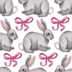 Hand Drawing Watercolor Easter seamless pattern isolated on white background. Grey Rabbits with Pink Bows. Use for poster, card, fabric, textile, design, packaging