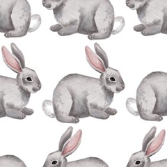 Hand Drawing Watercolor gray Rabbit seamless pattern isolated on white background. Use for poster, card, fabric, textile, design, packaging