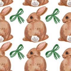 Hand Drawing Watercolor Easter seamless pattern isolated on white background. Brown Rabbits with Green Bows. Use for poster, card, fabric, textile, design, packaging