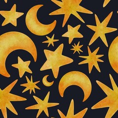 Hand Drawing Watercolor Stars and Moons seamless pattern isolated on black background. Use for poster, card, fabric, textile, design, packaging