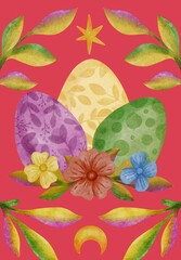 Hand Drawing Watercolor Easter Greeting Card. Colorful Easter Eggs and flowers isolated on red background. Use for poster, flyers, design