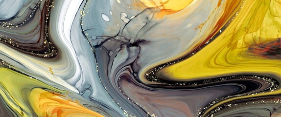 Abstract yellow and gray marble background, contrast mix of colour, darkk and bright colours mixed together, liquid texture, golden veins, fluid art for wallpaper, graphic pattern for book cover