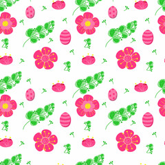 Seamless pattern of bright pink flowers and eggs, hand-painted elements. Easter. Spring. Flowers and colorful eggs. Vector in cartoon style. Flowers, buds and leaves on white background.